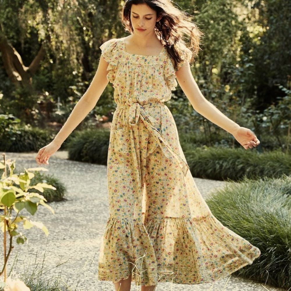 Doen Yellow Floral Midi Dress with Ruffle Shoulders